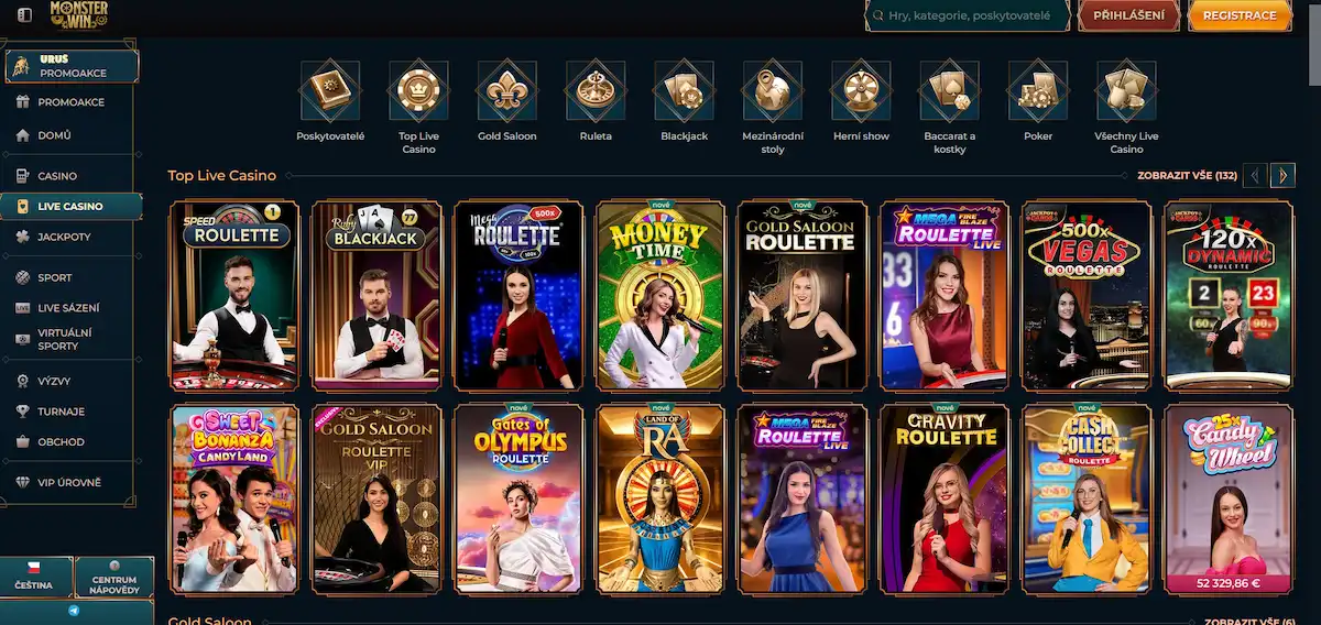 Nabídka živého kasina Monsterwin s ruletou, blackjackem a herními show